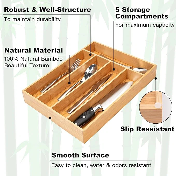 Bamboo Drawer Organizer With 5 Slots factory